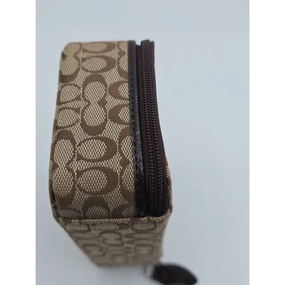 Coach Signature Travel Cosmetic Jewelery Bag Brown Leather Trim Zip Case 6x4 x2